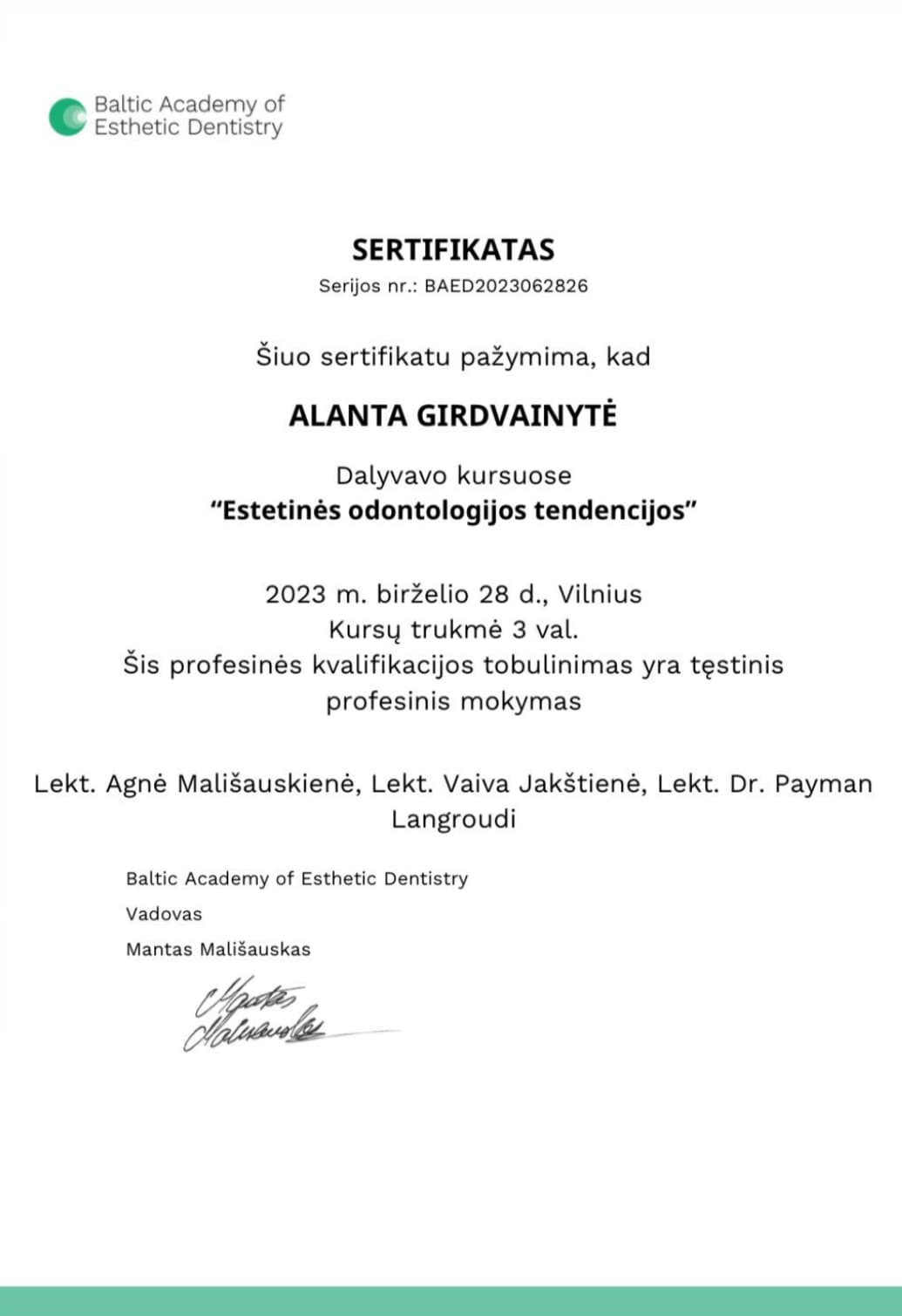 Gyd. Alantos Danylės profesinio tobulėjimo sertifikatas 1