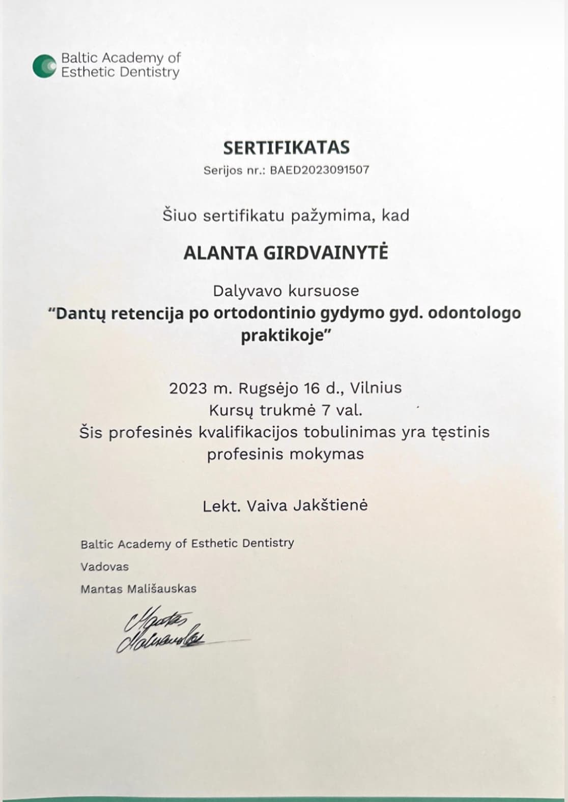 Gyd. Alantos Danylės profesinio tobulėjimo sertifikatas 2