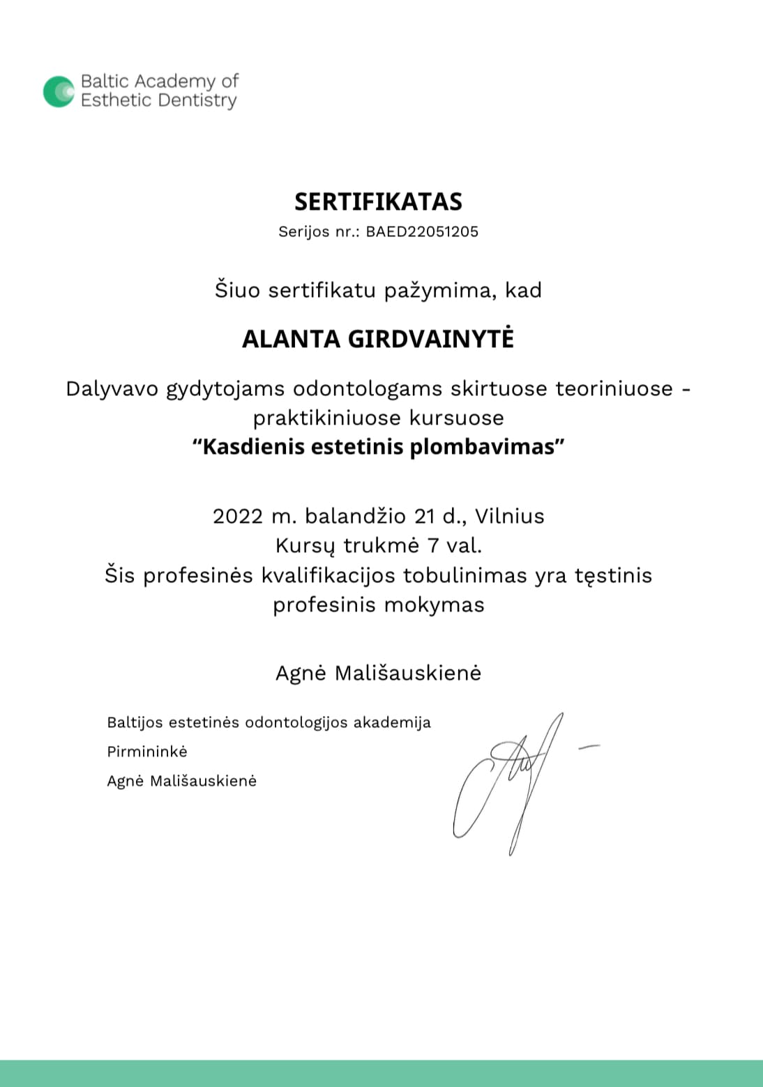 Gyd. Alantos Danylės profesinio tobulėjimo sertifikatas 6
