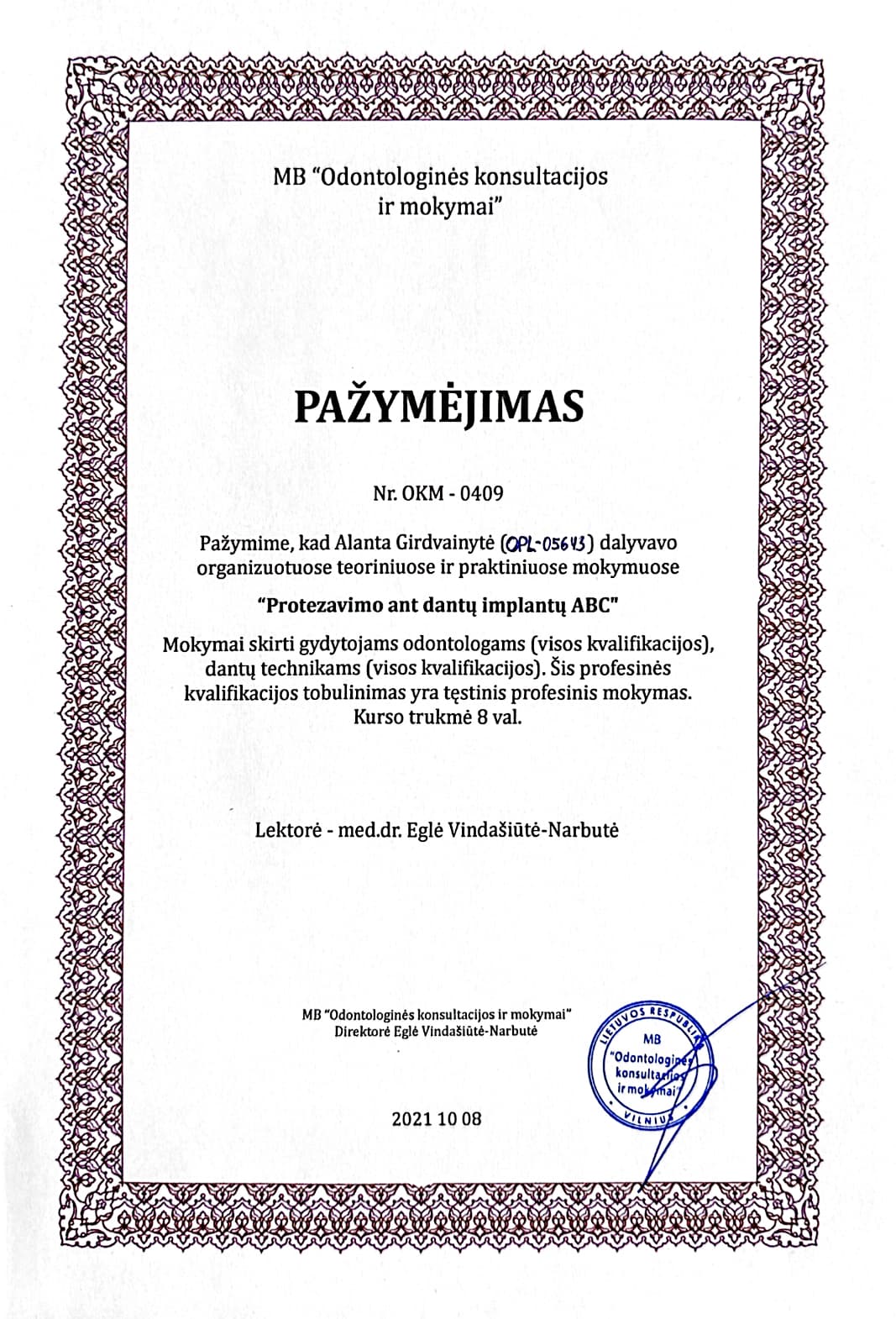 Gyd. Alantos Danylės profesinio tobulėjimo sertifikatas 9