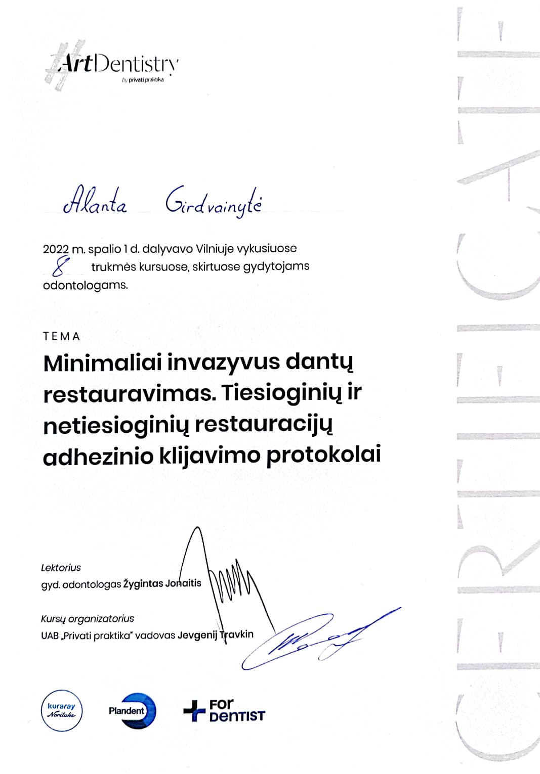 Gyd. Alantos Danylės profesinio tobulėjimo sertifikatas 11