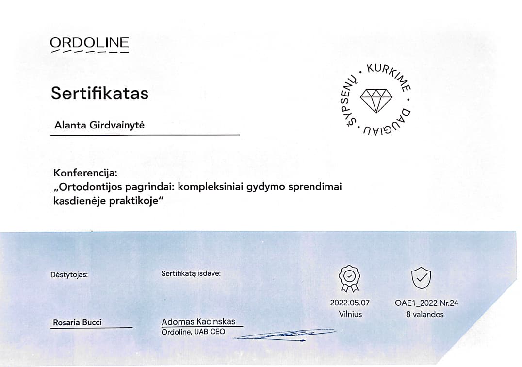 Gyd. Alantos Danylės profesinio tobulėjimo sertifikatas 12