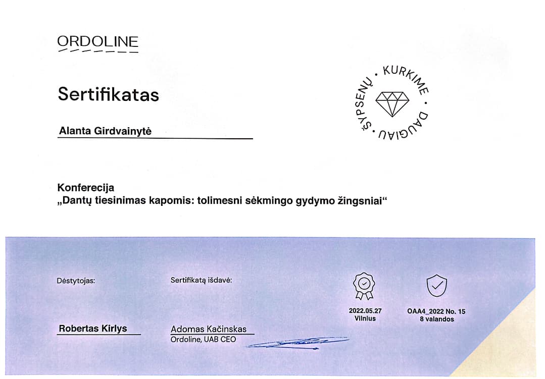 Gyd. Alantos Danylės profesinio tobulėjimo sertifikatas 13