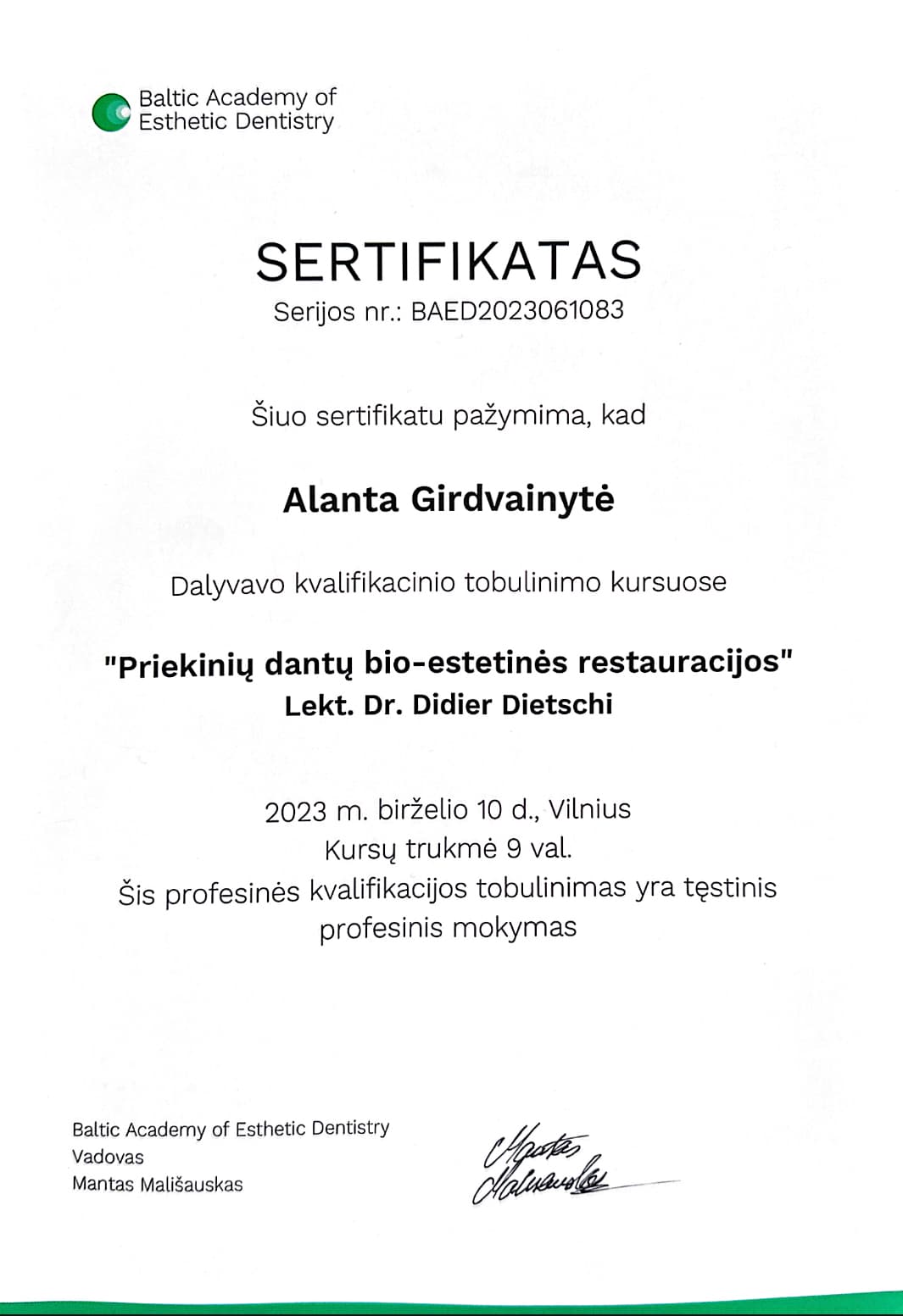 Gyd. Alantos Danylės profesinio tobulėjimo sertifikatas 14