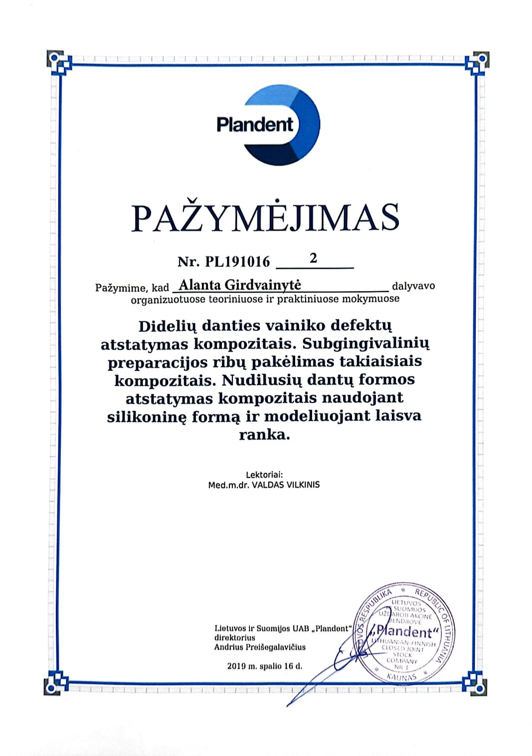 Gyd. Alantos Danylės profesinio tobulėjimo sertifikatas 17