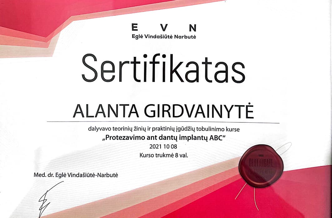 Gyd. Alantos Danylės profesinio tobulėjimo sertifikatas 18